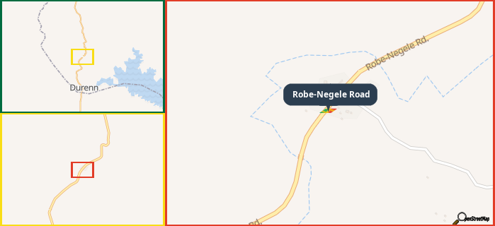 Map showing the address of Robe-Negele Road in three different zoom levels.