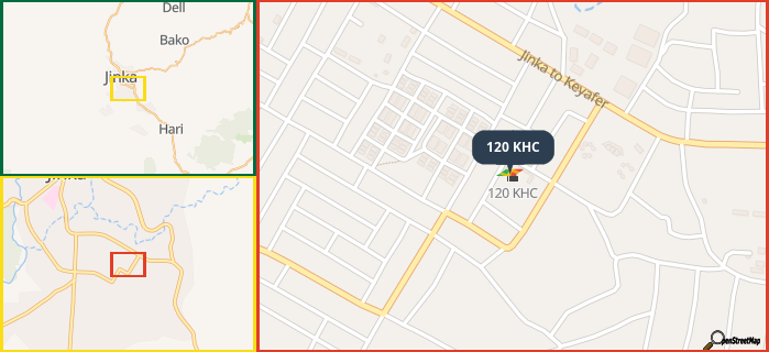 Map showing the address of 120 KHC in three different zoom levels.