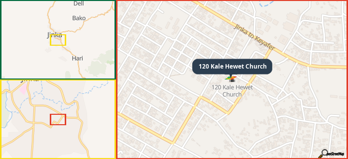 Map showing the address of 120 Kale Hewet Church in three different zoom levels.