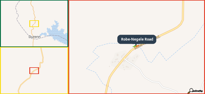 Map showing the address of Robe-Negele Road in three different zoom levels.