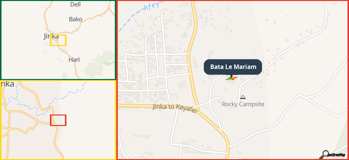 Map showing the address of Bata Le Mariam in three different zoom levels.