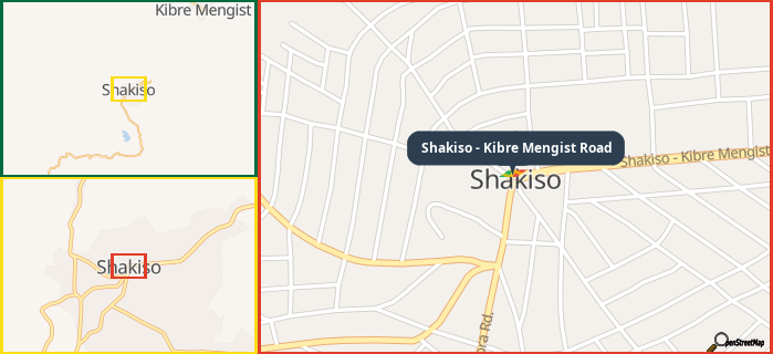 Map showing the address of Shakiso - Kibre Mengist Road in three different zoom levels.