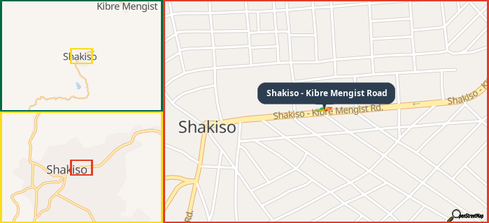 Map showing the address of Shakiso - Kibre Mengist Road in three different zoom levels.