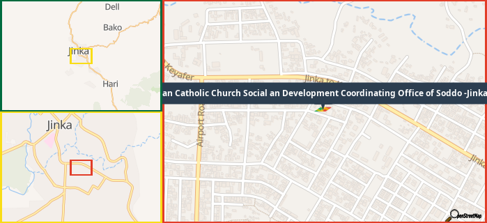 Map showing the address of Ethiopian Catholic Church Social an Development Coordinating Office of Soddo -Jinka Branch in three different zoom levels.