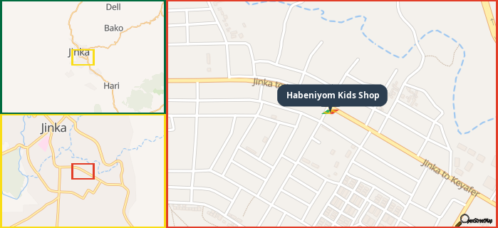 Map showing the address of Habeniyom Kids Shop in three different zoom levels.