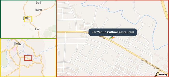 Map showing the address of Ker Yehun Cultual Restaurant in three different zoom levels.