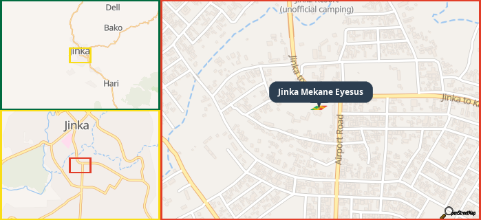 Map showing the address of Jinka Mekane Eyesus in three different zoom levels.