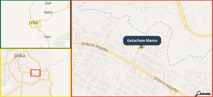 Map showing the address of Getachew Mamo in three different zoom levels.