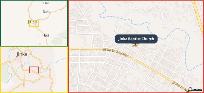 Map showing the address of Jinka Baptist Church in three different zoom levels.