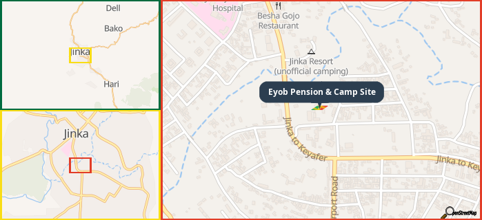Map showing the address of Eyob Pension & Camp Site in three different zoom levels.