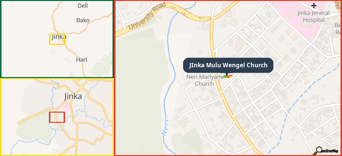 Map showing the address of JInka Mulu Wengel Church in three different zoom levels.