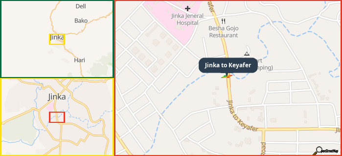 Map showing the address of Jinka to Keyafer in three different zoom levels.