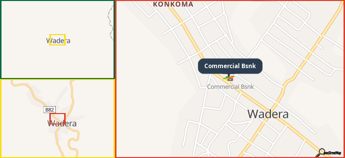 Map showing the address of Commercial Bsnk in three different zoom levels.