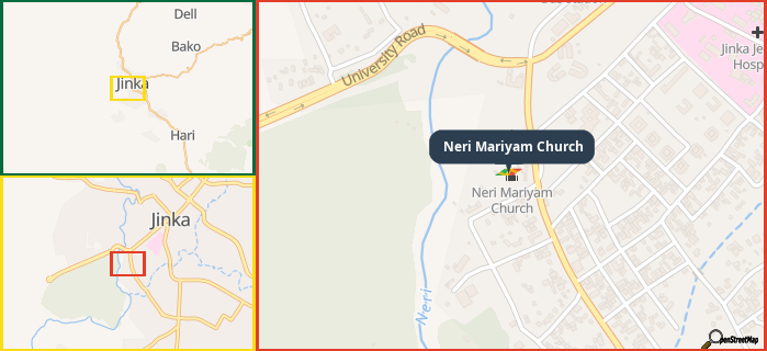 Map showing the address of Neri Mariyam Church in three different zoom levels.