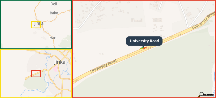 Map showing the address of University Road in three different zoom levels.