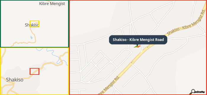 Map showing the address of Shakiso - Kibre Mengist Road in three different zoom levels.