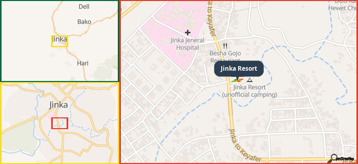 Map showing the address of Jinka Resort in three different zoom levels.