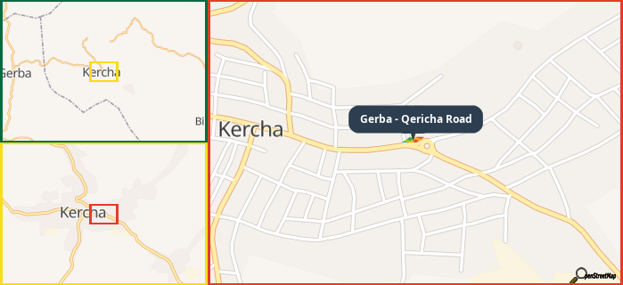 Map showing the address of Gerba - Qericha Road in three different zoom levels.