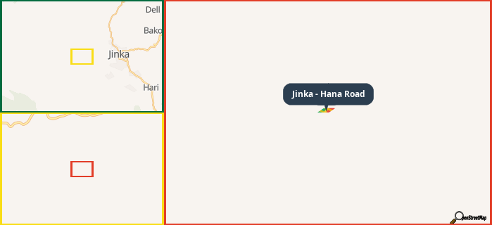 Map showing the address of Jinka - Hana Road in three different zoom levels.