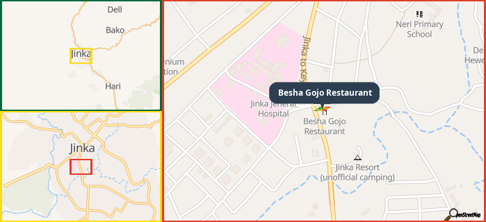 Map showing the address of Besha Gojo Restaurant in three different zoom levels.