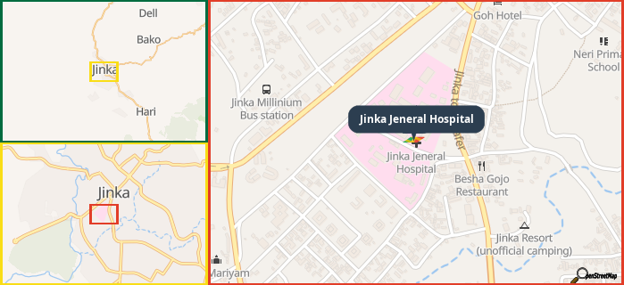 Map showing the address of Jinka Jeneral Hospital in three different zoom levels.