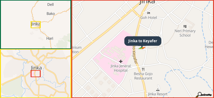 Map showing the address of Jinka to Keyafer in three different zoom levels.