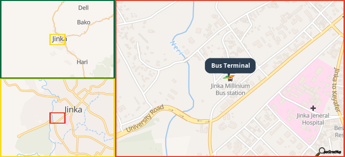 Map showing the address of Bus Terminal in three different zoom levels.