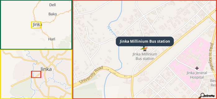 Map showing the address of Jinka Millinium Bus station in three different zoom levels.