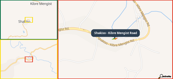 Map showing the address of Shakiso - Kibre Mengist Road in three different zoom levels.