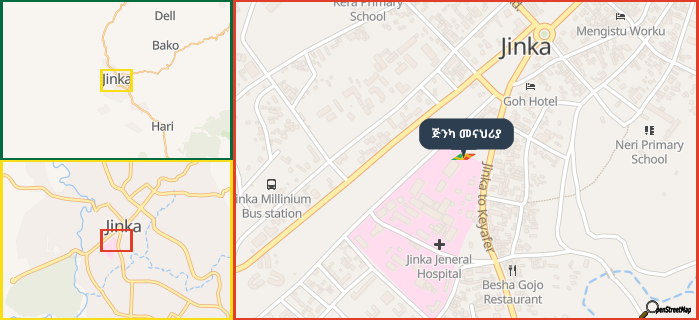 Map showing the address of ጅንካ መናህሪያ in three different zoom levels.