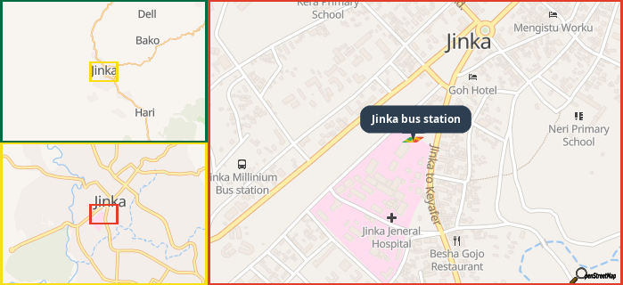Map showing the address of Jinka bus station in three different zoom levels.