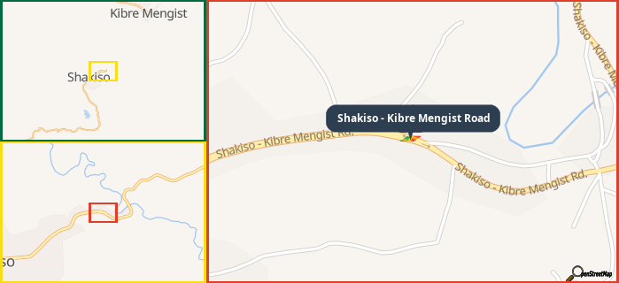 Map showing the address of Shakiso - Kibre Mengist Road in three different zoom levels.