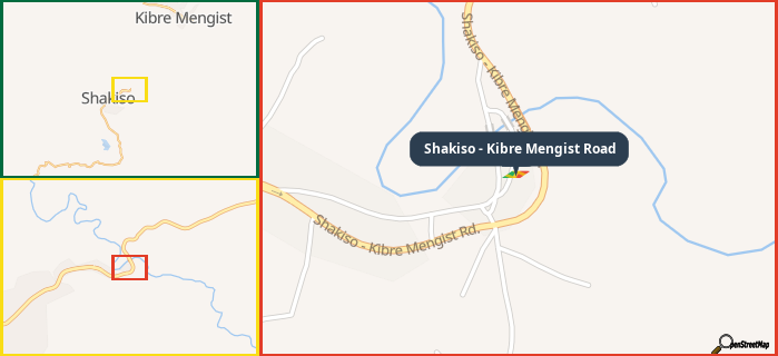 Map showing the address of Shakiso - Kibre Mengist Road in three different zoom levels.