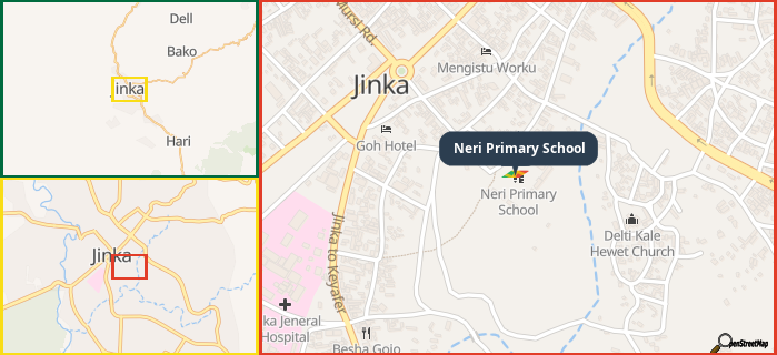 Map showing the address of Neri Primary School in three different zoom levels.
