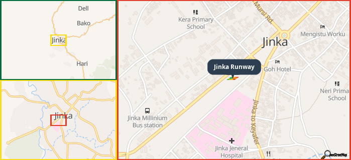 Map showing the address of Jinka Runway in three different zoom levels.