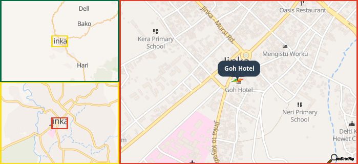Map showing the address of Goh Hotel in three different zoom levels.