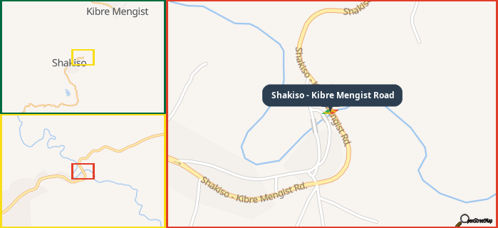 Map showing the address of Shakiso - Kibre Mengist Road in three different zoom levels.