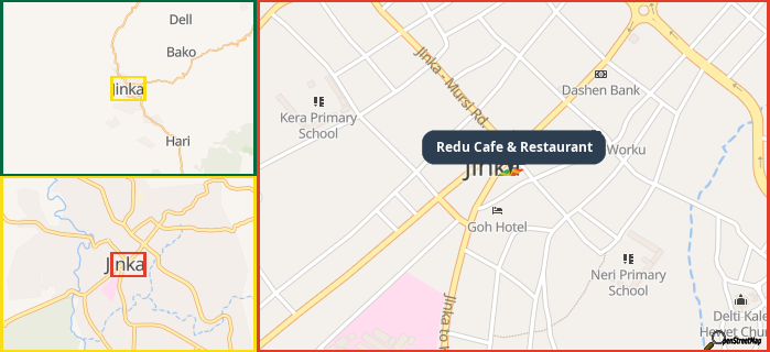 Map showing the address of Redu Cafe & Restaurant in three different zoom levels.