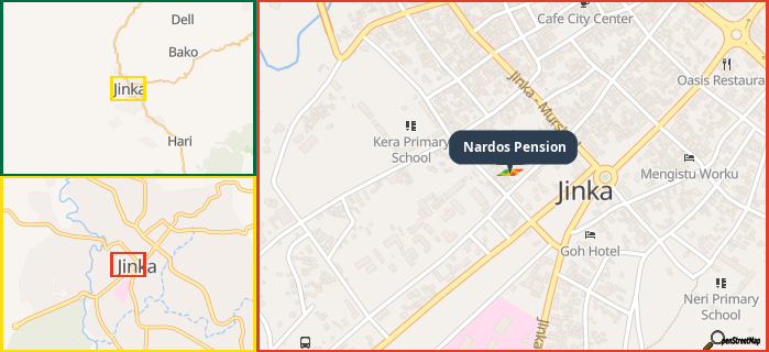 Map showing the address of Nardos Pension in three different zoom levels.
