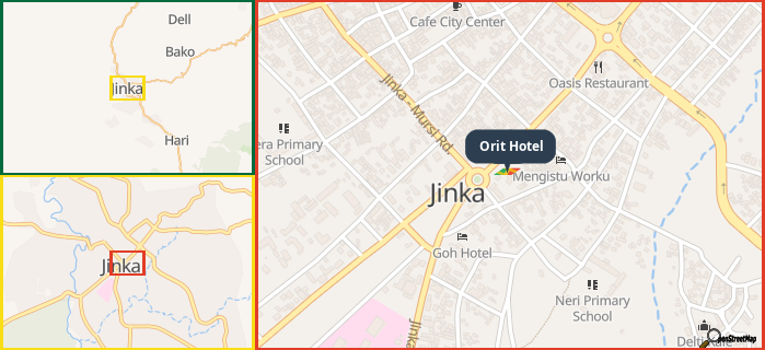 Map showing the address of Orit Hotel in three different zoom levels.