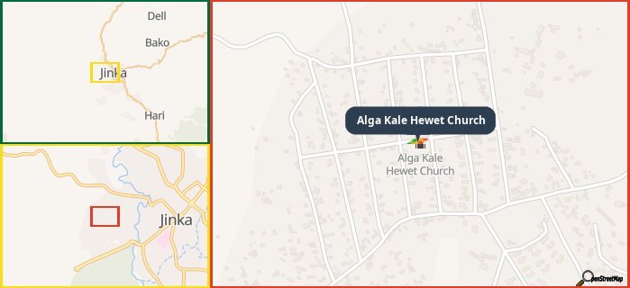 Map showing the address of Alga Kale Hewet Church in three different zoom levels.