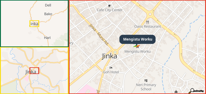Map showing the address of Mengistu Worku in three different zoom levels.