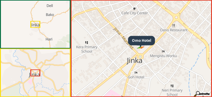Map showing the address of Omo Hotel in three different zoom levels.