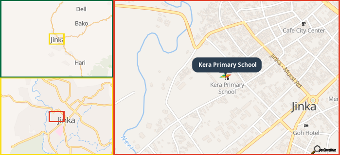 Map showing the address of Kera Primary School in three different zoom levels.
