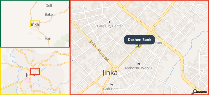 Map showing the address of Dashen Bank in three different zoom levels.