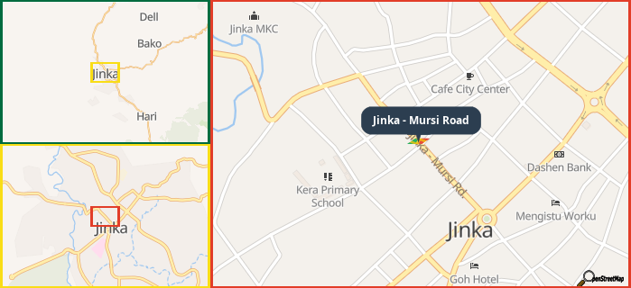 Map showing the address of Jinka - Mursi Road in three different zoom levels.