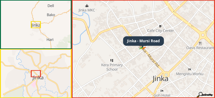 Map showing the address of Jinka - Mursi Road in three different zoom levels.