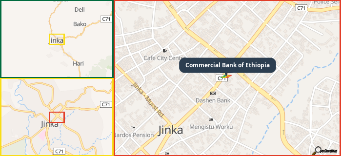 Map showing the address of Commercial Bank of Ethiopia in three different zoom levels.