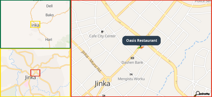 Map showing the address of Oasis Restaurant in three different zoom levels.