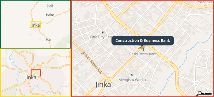 Map showing the address of Construction & Business Bank in three different zoom levels.